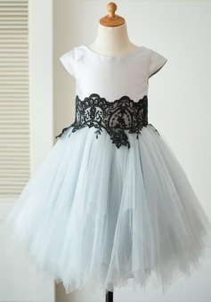 A-Line Jewel Cap Sleeves Grey Flower Girl Dress with Appliques