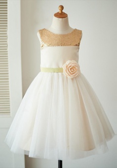 A-Line Jewel Ivory Flower Girl Dress with Flower Sequins