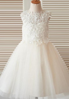 A-Line Jewel Open Back Ivory Flower Girl Dress with Appliques