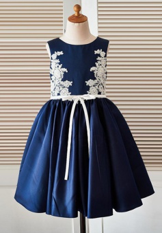 A-Line Jewel Navy Blue Satin Flower Girl Dress with Appliques