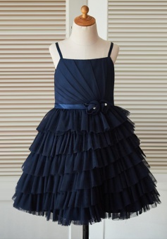 A-Line Spaghetti Straps Navy Tired Blue Flower Girl Dress