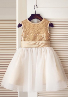 A-Line Jewel White Flower Girl Dress with Champagne Sequins Bow