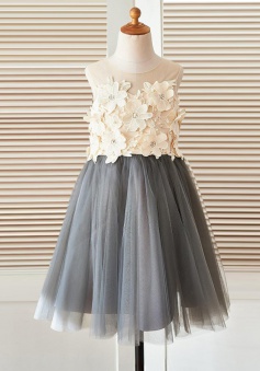 A-Line Jewel Grey Flower Girl Dress with Flowers