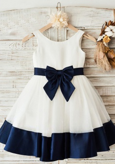 A-Line Crew Neck White Flower Girl Dress with Navy Blue Bow