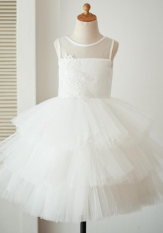 Ball Gown White Tired Flower Girl Dress with Appliques