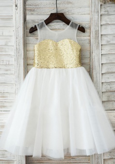 A-Line Jewel White Flower Girl Dress with Gold Sequins