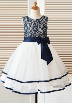 A-Line Round Neck White Flower Girl Dress with Navy Blue Bow