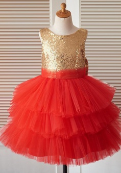 Ball Gown Jewel Red Tired Flower Girl Dress with Sequins Bow
