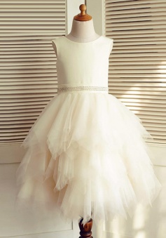 A-Line Jewel Pearl Pink Tired Flower Girl Dress with Beading