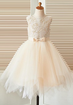 A-Line Crew Neck Light Champagne Flower Girl Dress with Bow