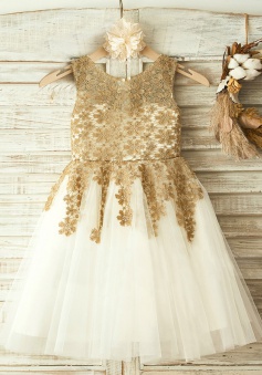 A-Line Round Neck White Flower Girl Dress with Champagne Lace