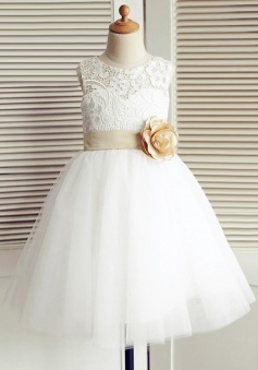 A-Line Jewel White Flower Girl Dress with Flower Lace