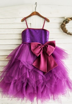 A-Line Spaghetti Straps Grape Flower Girl Dress with Sequins Bow