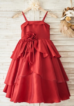 A-Line Spaghetti Straps Red Flower Girl Dress with Flower Bow
