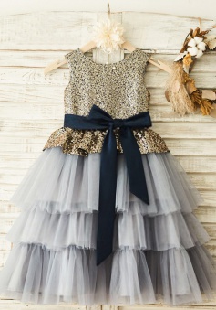 A-Line Round Neck Grey Flower Girl Dress with Sequins