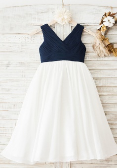 A-Line V-Neck White Chiffon Flower Girl Dress with Pleats