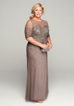 Elegnat Jewel Half Sleeves Floor-Length Grey Mother of the Bride Dress with Beading