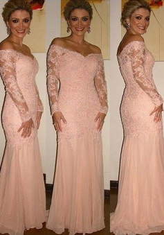 Glamorous Off Shoulder Long Sleeves Sweep Train Pink Mother of the Bride Dress with Lace Top