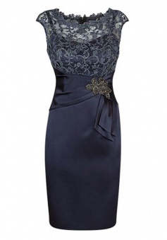 Honorable Scalloped-Edge Short Sheath Navy Mother of Bride Dress with Lace Beading