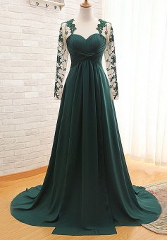 High Quality Illusion Jewel Long Sleeves Ruched Dark Green Mother of Bride Dress with Appliques