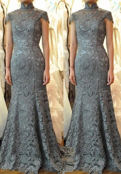 Decent Stand Collar Sweep Train Sheath Grey Lace Mother of Bride Dress Open Back