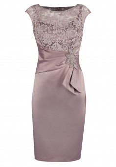Sheath Bateau Short Champagne Satin Mother of The Bride Dress with Lace Beading