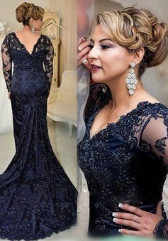 Stunning V-neck Long Sleeves Sweep Train Navy Blue Lace Mother of the Bride Dress with Beading