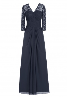 Elegant V-neck Long Sleeves Lace Navy Blue Mother of the Bride Dress