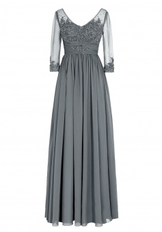 Modern Scoop Appliques Long Sleeves Grey Mother of the Bride Dress