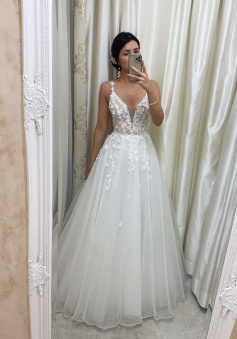 Unique v neck tulle lace long prom dress, tulle lace wedding dress     