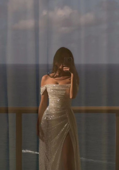 Off Shoulder White Sequin Side Slit Long Evening Prom Dresses, Sequin Wedding Dresses     