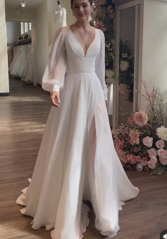 V Neck A Line Long Sleeve Chiffon Wedding Dress With Slit      