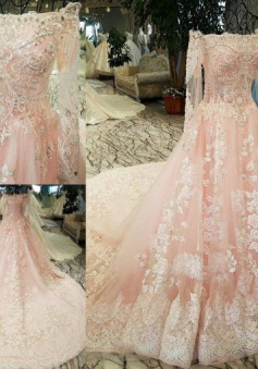 Modest Wedding Dress Long Sleeve Lace Applique Classic A-Line Wedding Dress Pink Bridal Dress With Train   