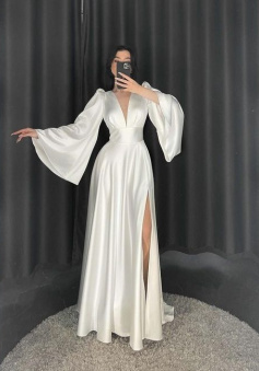 Satin Flare Long Sleeve Wedding Dresses Side Split Deep V Neck Bride Dress      