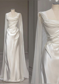 White Satin Pleats Straps Wedding Dress     