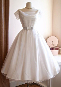 Round-Neck White Tulle Short Retro Prom Dresses, Retro Wedding Dresses      