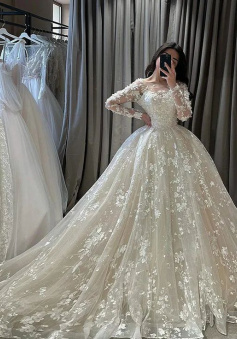 3D Lace Wedding Dresses 3D Lace Long Sleeve Appliques Bride Dress Vintage Appliques Wedding Gowns    