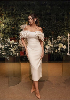 Flower Wedding Dresses Short Sheath Off Shoulder Split Tea Length Bridal Gown      