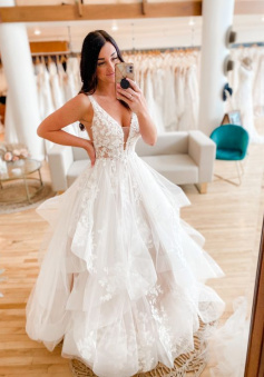 Elegant V Neck Tulle Prom Dresses, Princess Long Wedding Dresses        