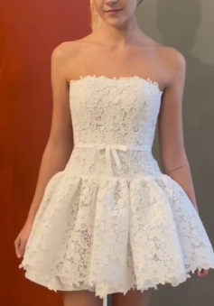 Elegant lace wedding dress for women, pleated white dress     