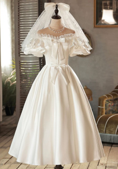 Satin Lace Short Prom Dress, Evening Dress, Wedding Dress      