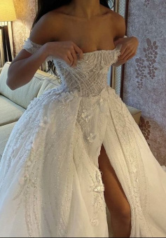 Off the shoulder wedding dress with slit Bridal Dress   