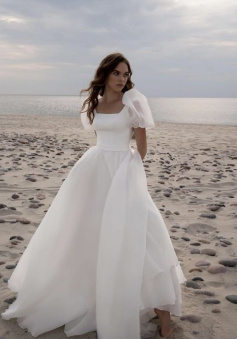 Charming A-Line Square Neck Puff Sleeves Wedding Dresses with Train     