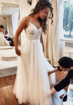 A-line Unique Lace Tulle Vintage Long Wedding Dresses     