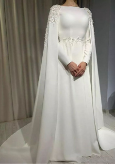 Muslim Wedding Dress with Cape Long Sleeves Beading Plus Size Satin Bridal Gowns    