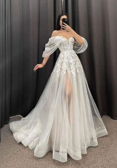 Ivory A-Line Wedding Dresses Women V-Neck Short Sleeves Long Bride Dress     