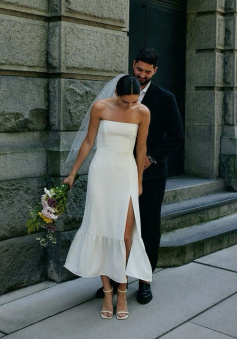 Simple Strapless Sleeveless Satin Sheath Midi Wedding Dress With Slit   