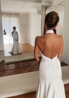 Long Simple Wedding Dress Halter Backless Bridal Gown     