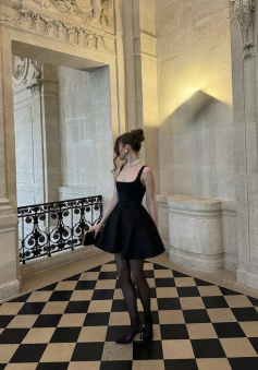 black mini wedding dress evening dress, square neck above knee Party Dress      