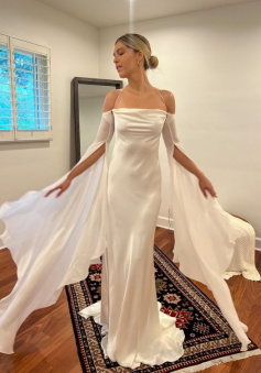 Wedding Dresses Soft Satin Long Floor Length Open Back Simple Bridal Gown With Detachable Flare Sleeves      